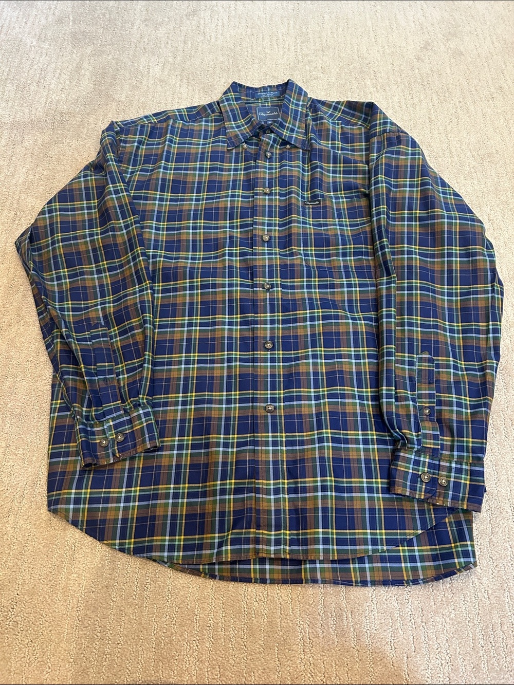 Faconnable Men's Navy Plaid Button-Down Shirt with Green and Yellow Accents